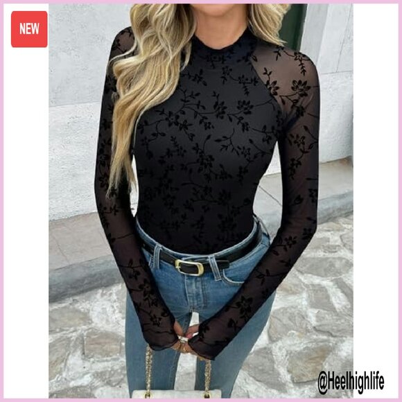 Long Sleeve Mesh Blouse Mock Neck Double Lined Fitted Top - Picture 6 of 7